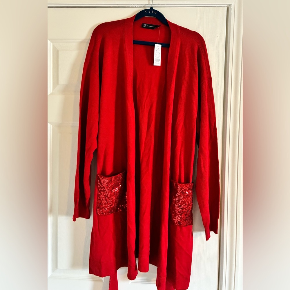 New York & Co Red Cardigan with Sequined Pockets and Belt NWT - Picture 2 of 5